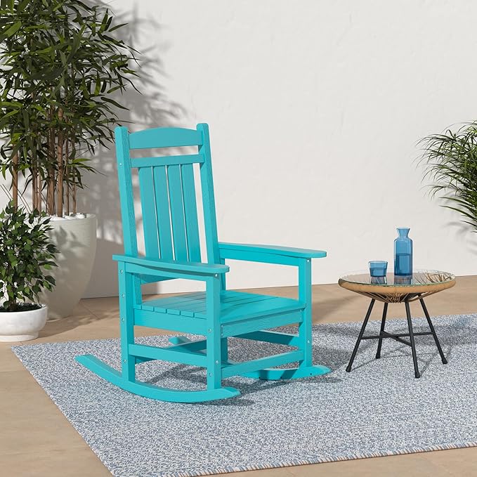 KINGYES HDPE Rocking Chairs Outdoor, Patio Rocking Chairs with 330lbs Support, Smooth Porch Rocker for Deck Lawn Yard, Aruba Blue