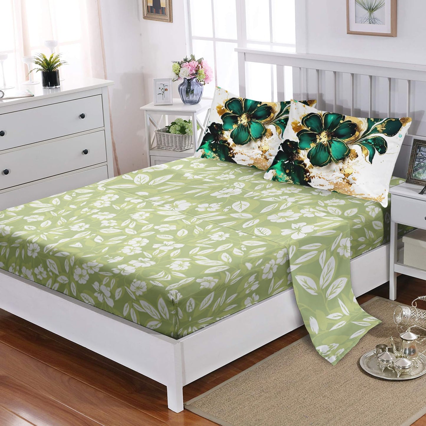 AILONEN Gold Green Floral Comforter Set Twin Size,7-Piece Soft Bed in a Bag,Marble Flower Comforter & Fitted Sheet & Flat Sheet & 2 Pillowcases,2 Pillow Shams for Girls Women