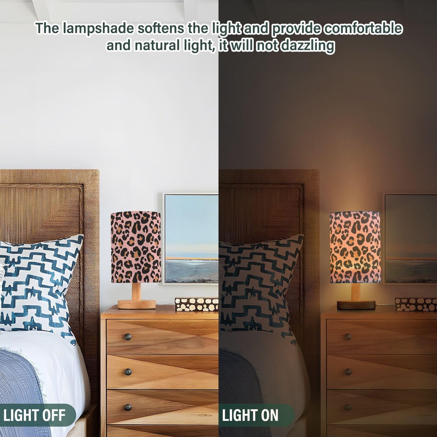 Oarencol Bedside Table Lamp Pink Leopard Nightstand Lamp with Wood Animal Cheetah Print Desk Lamps for Bedroom Living Room Nursery Office Home Decor