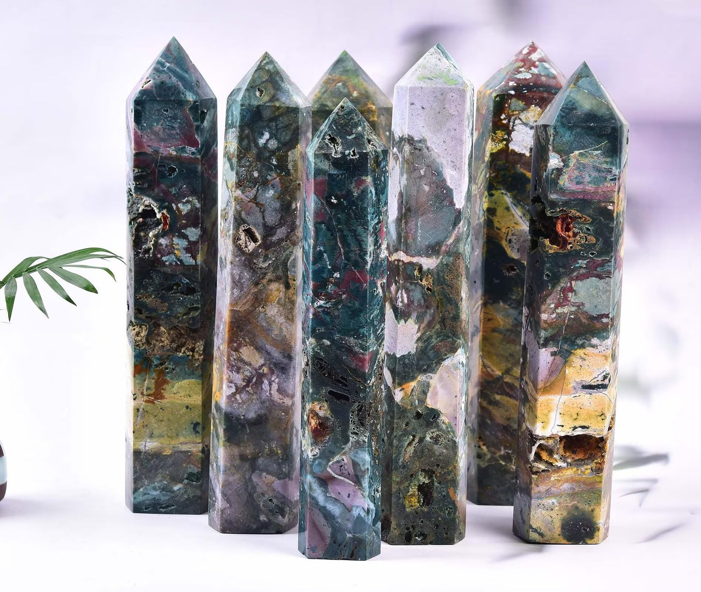 AMOYSTONE Large Ocean Jasper Stone Wand Healing Crystal Obelisk Tower 6 Faceted Column Reiki Chakra Meditation Therapy 2.2-2.6 LBS