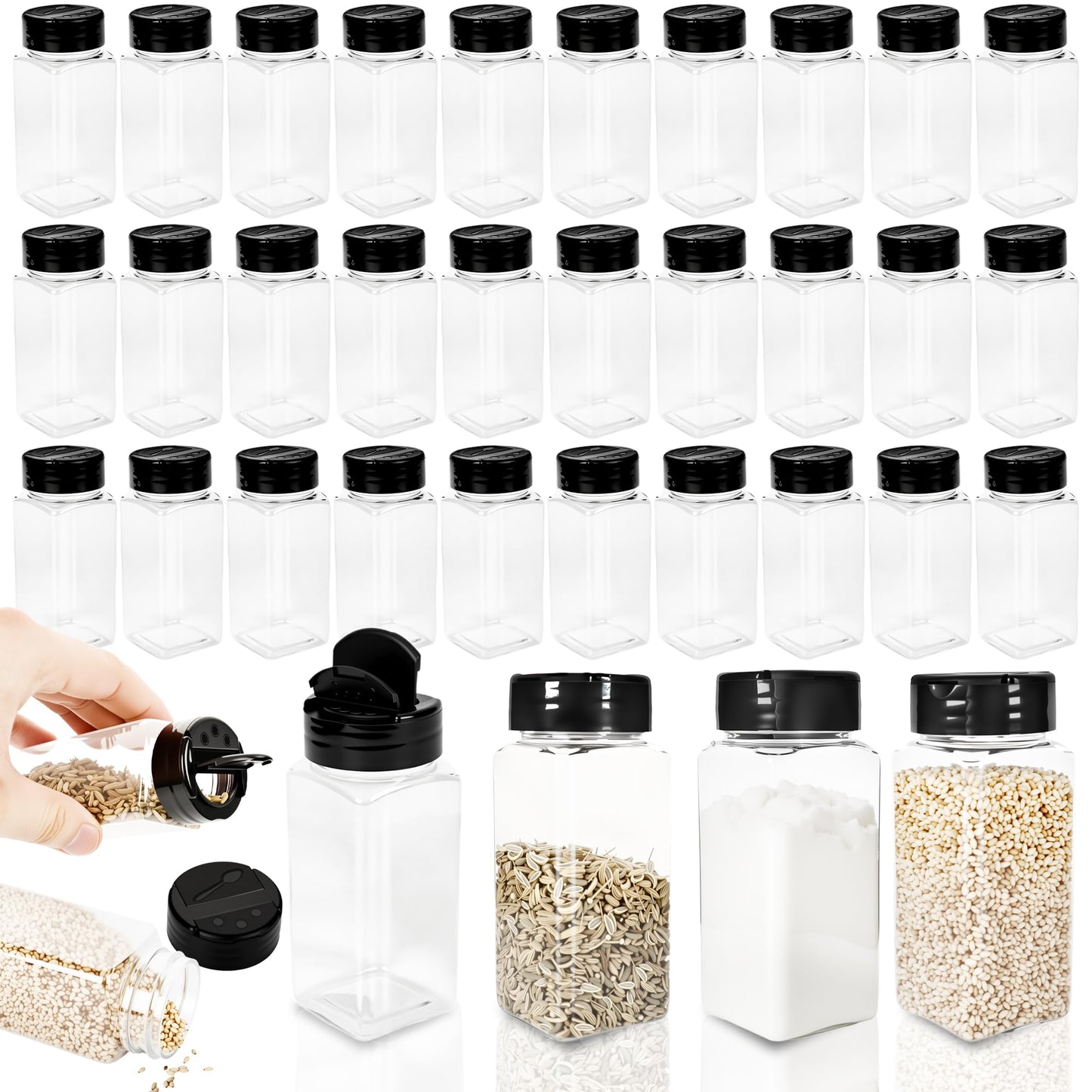 36 Pack 3.5 oz Plastic Spice Jars with Shaker Lids Square Seasoning Containers Clear Empty Storage Spice Bottles for Spice Peppers
