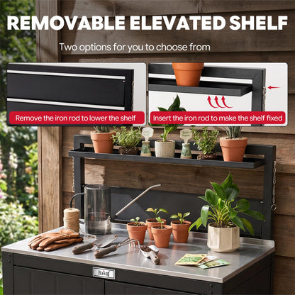 Feasto Outdoor Potting Bench Table with Storage Cabinet, Stainless Steel Garden Workstation, Raised-Edge Top, Adjustable Shelf & Removable Hutch for Patio, Balcony & Outdoor Workspace, Black