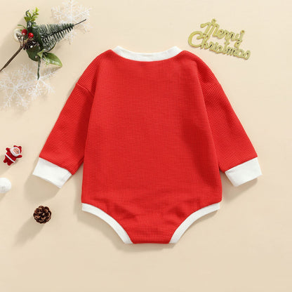 Baby Girl Boy Christmas Sweater Outfit Santa Baby Crewneck Sweatshirt Romper Long Sleeve Oversized Waffle Knit Onesie Pullover Top (A Waffle Knitted Santa Red,0-6 Months)