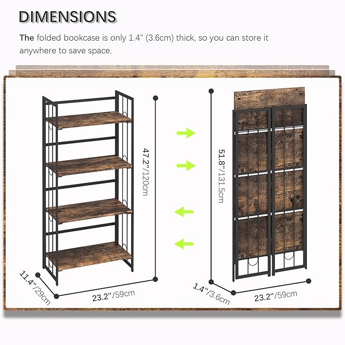 4NM No Assembly 4 Tiers Folding Bookshelf, 47.2" H Foldable Storage Shelves