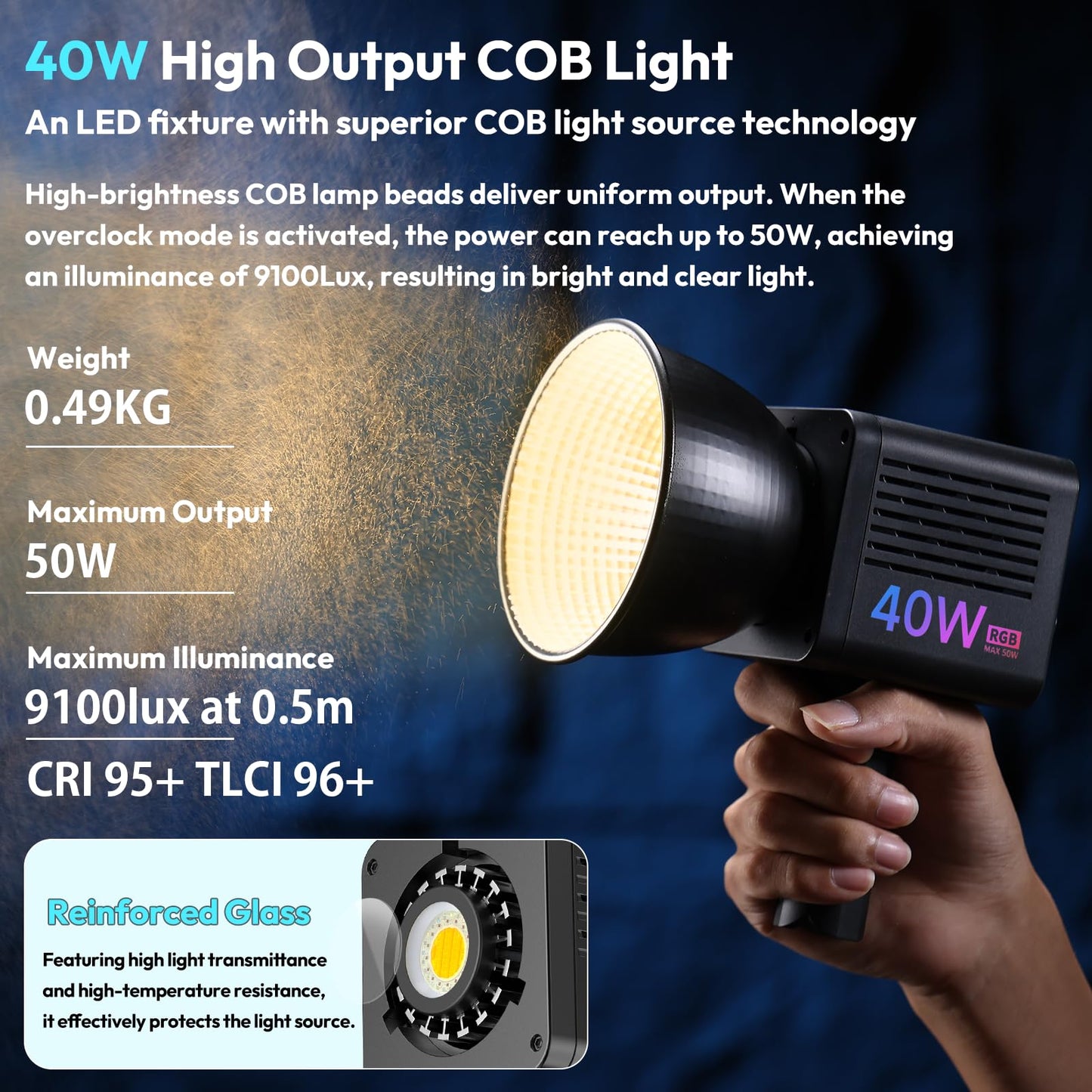 ULANZI 40W Pro RGB Portable LED Video Light w Adapter, 3400mAh Mini COB Continuous Handheld Spotlight, Ulanzi LA03 Quick Adjustment Handheld Light Stand Grip with 1/4" Screw for COB Light