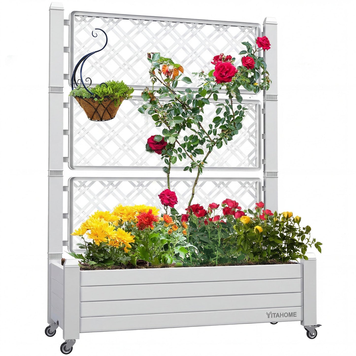 YITAHOME 43.3x17.7x61 in Planter Boxes Outdoor with Trellis, Resin Raised Garden Bed with Wheels & Drain Plug for Climbing Plants, Weather-Resistant Design Elevated Garden Bed with Trellis, White
