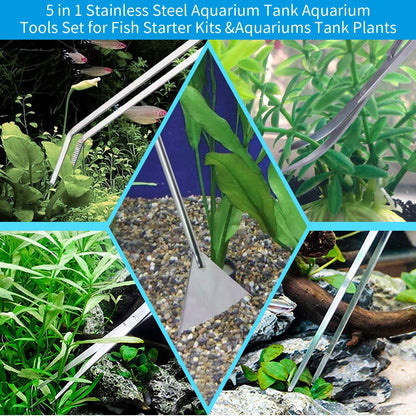 Aquascaping Tool Set - Aquatic Plant Tweezer Scissor Substrate Spatula Aquarium Scraper 5 in 1 Stainless Steel Fish Tank Starter Kit & Aquarium Tank Plant Kit