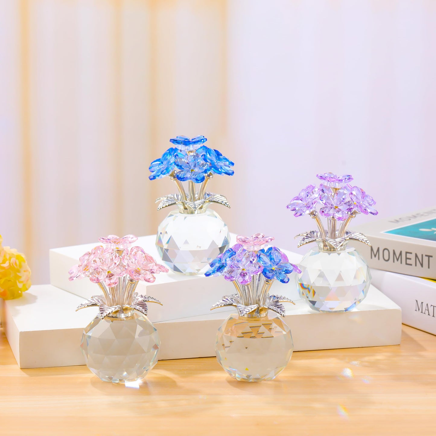 Qianwei Pink Forget Me Not Crystal Flowers - Sympathy Glass Flowers Collectible Figurines Decor Paperweight Ornament Home Office Table Desk Decorations