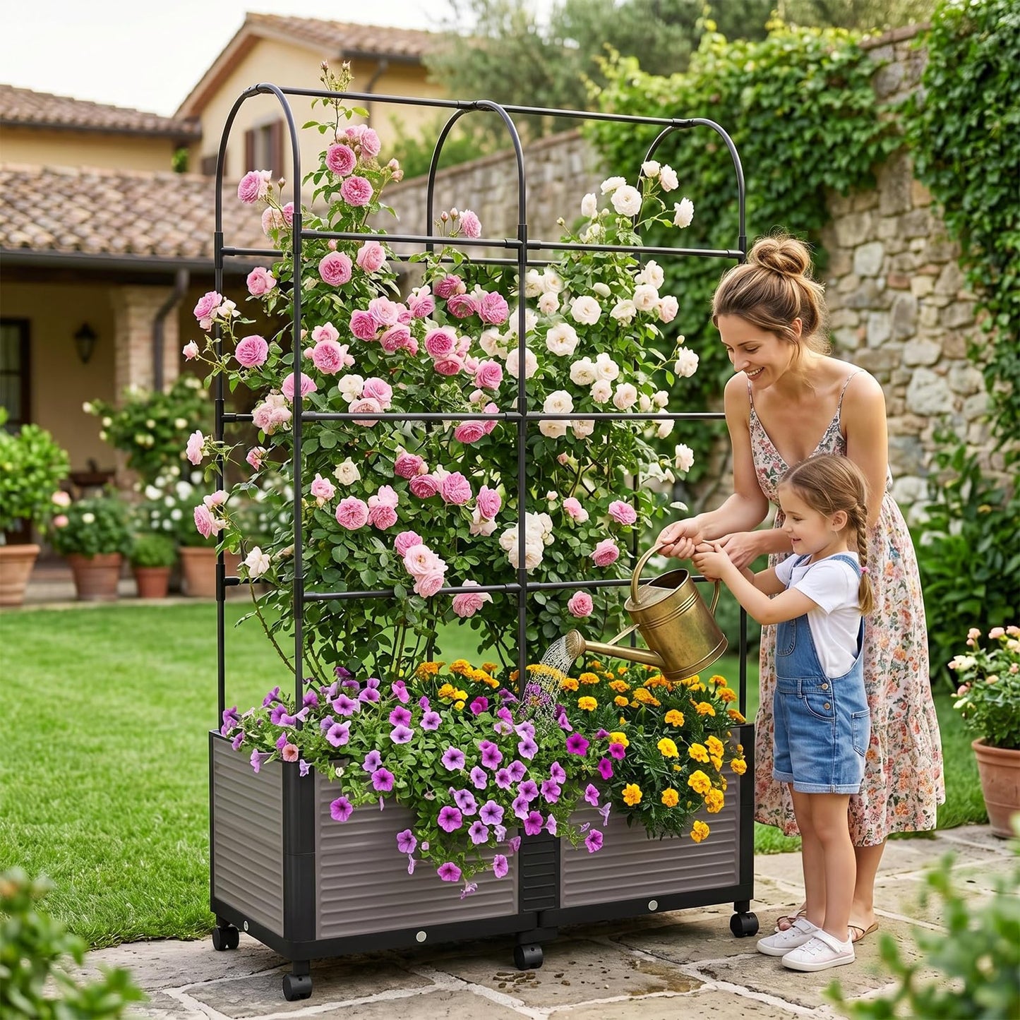 UrGROWA Raised Garden Bed Planter Box with Trellis, 73''H Tomato Planters for Climbing Plants Vegetable Vine Flowers Outdoor Patio Tomato Cage, Self Watering Planter with Wheels