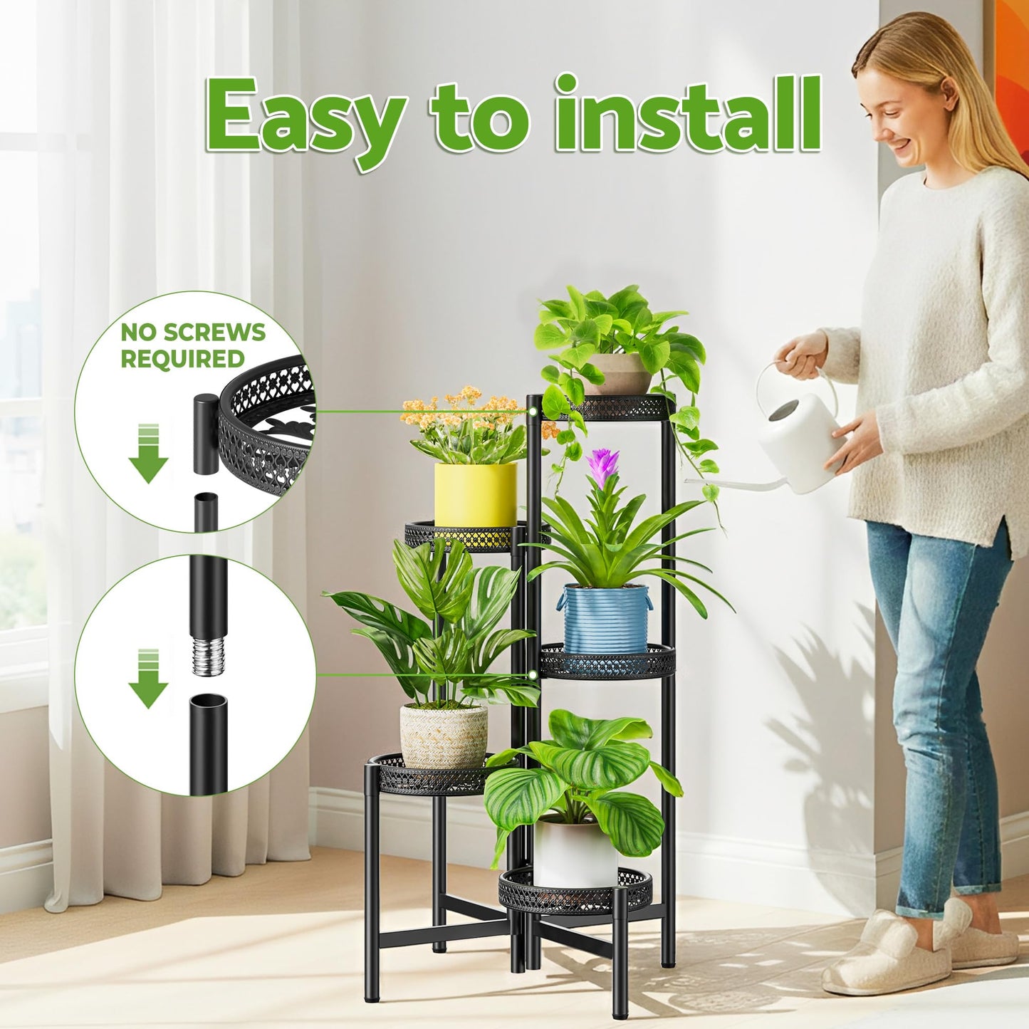 NQW Plant Stand Indoor Outdoor, 5 Tier Corner Metal Flower Display Holder Shelf, Folding Tall Rack for Patio Balcony Porch Garden Living Room House, Heavy Duty Wrought Iron Plant Shelf- BlackWave