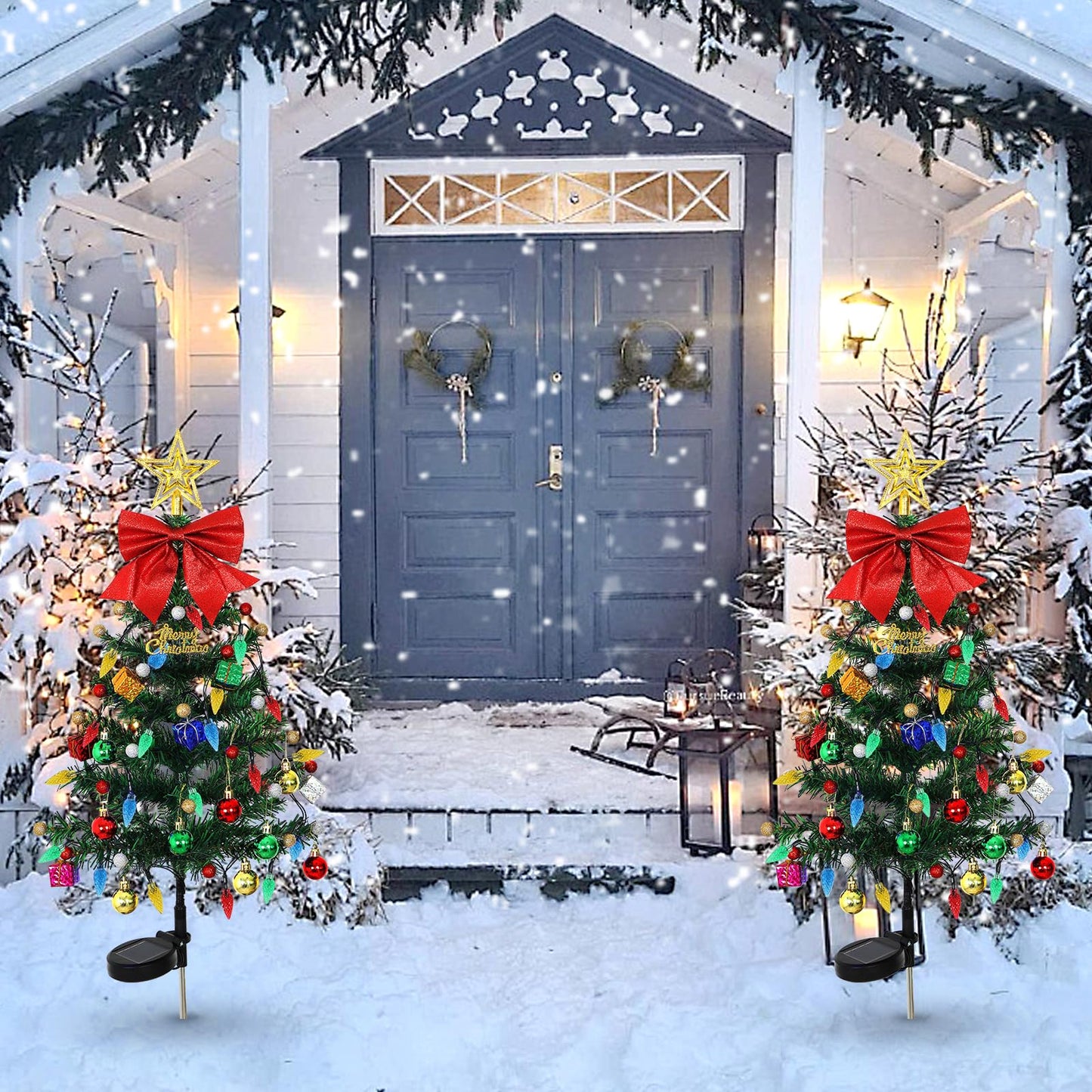 LOMOHOO 4 Packs Solar Christmas Tree 35.8in Outdoor Prelit Lighted Christmas Tree 2 Flashing Modes Solar Xmas Trees with 80 LED Lights for Holiday Porch Yard Garden Patio Cemetery Pathway