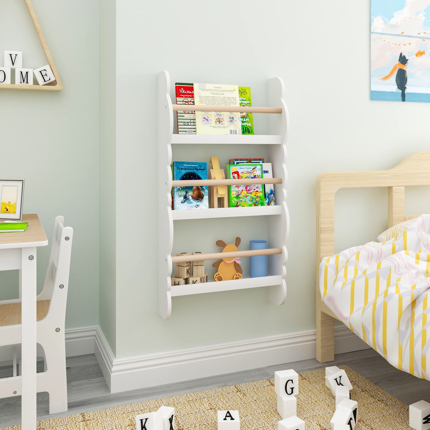 WOLTU Kids Bookcase, Wall Shelf, 3-Tier Children's Bookshelf, Storage Display Rack, Wooden Book Organiser for Children's Room, Cloud-shape, White