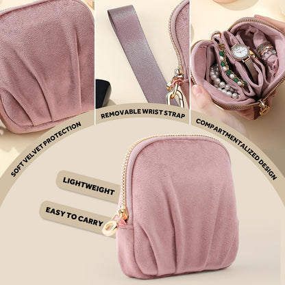 Lumayina Velvet Travel Jewelry Pouch, 2-in-1 Clamshell Case with Detachable Insert, Portable Travel Jewelry Organizer with Wrist Strap, Converts to Mini Coin Purse, Gift for Women & Girls (Dusty Pink)