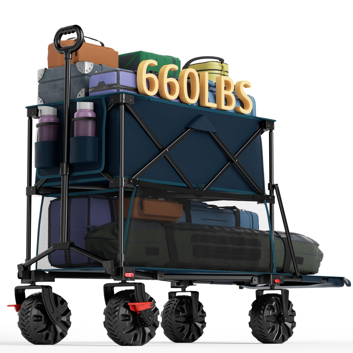 Portal Collapsible Large Double Decker Wagon with Brakes, 660lb Foldable Heavy Duty Utility Wagon Cart, 400L All-Terrain Big Wheels & 54" Extra Long Extender for Sports, Camping & Outdoor Use