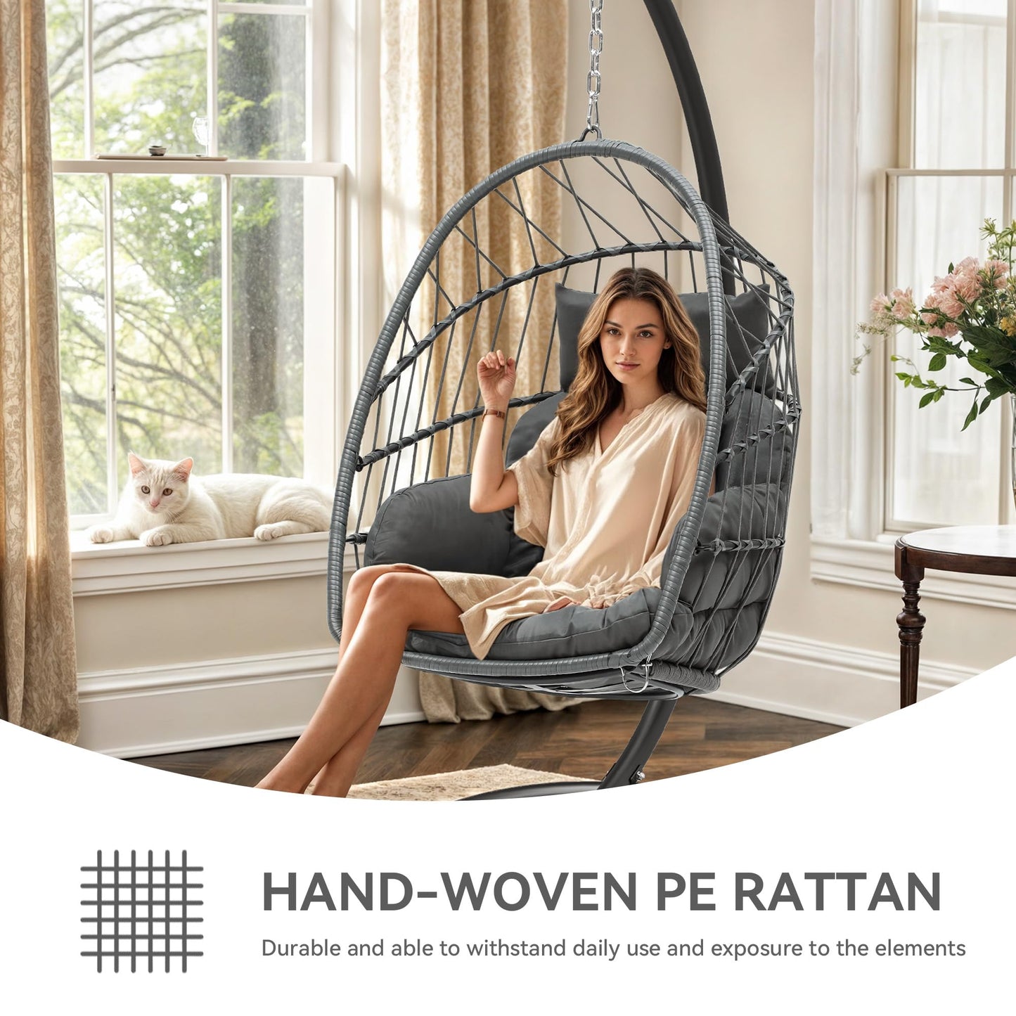 YITAHOME Hanging Egg Chair, Outdoor Patio Wicker Hammock Egg Chair Indoor with Cushion, Rattan Swing Chair 300lbs for Balcony, Garden Bedroom, Gray with Stand