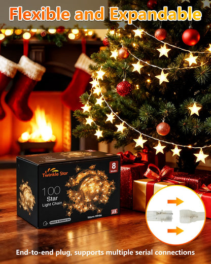 Twinkle Star 100 LED Star String Lights Plug in 33FT, Warm White