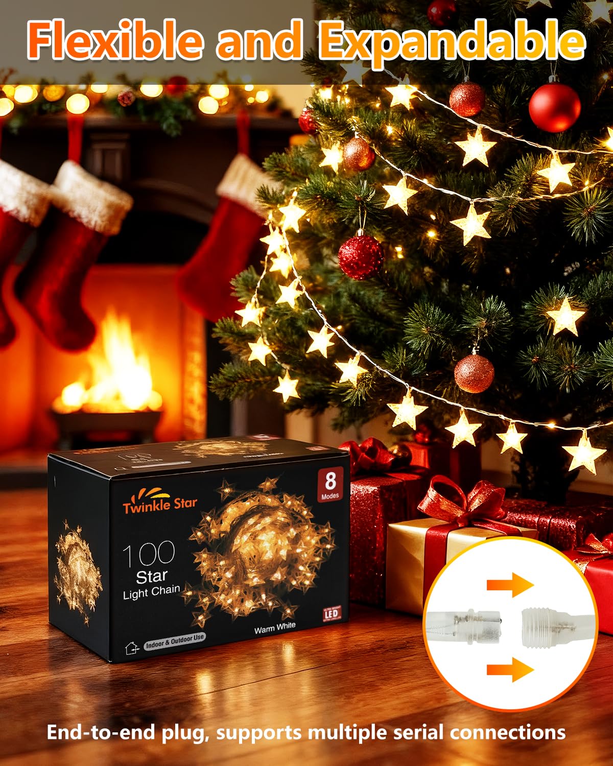 Twinkle Star 100 LED Star String Lights Plug in 33FT, Warm White