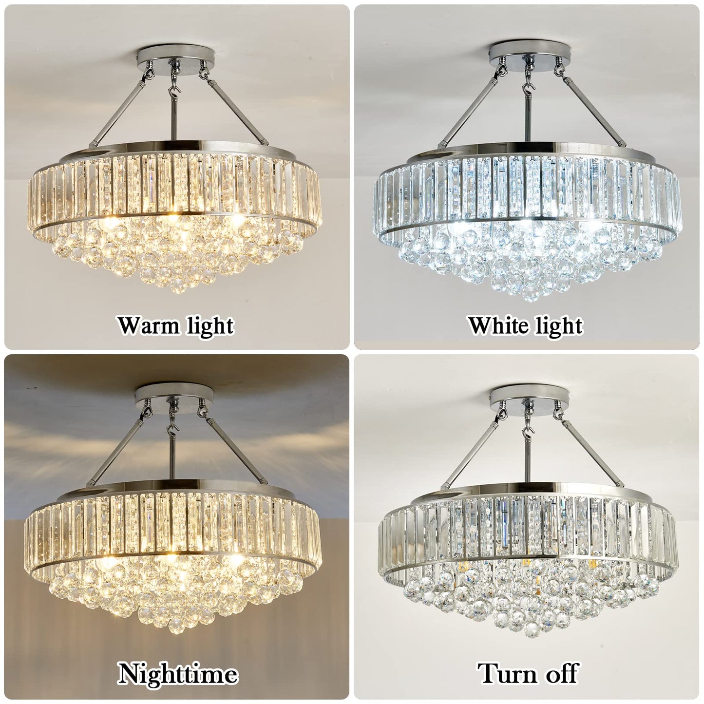 YYJLX 6 Light Modern Large Round Crystal Chandelier Chrome Semi Flush Mount Ceiling Light Fixtures E26 Ceiling Lamp for Dining Room Living Room Laundry Room Foyer Kitchen Balcony Bedroom(Silver).