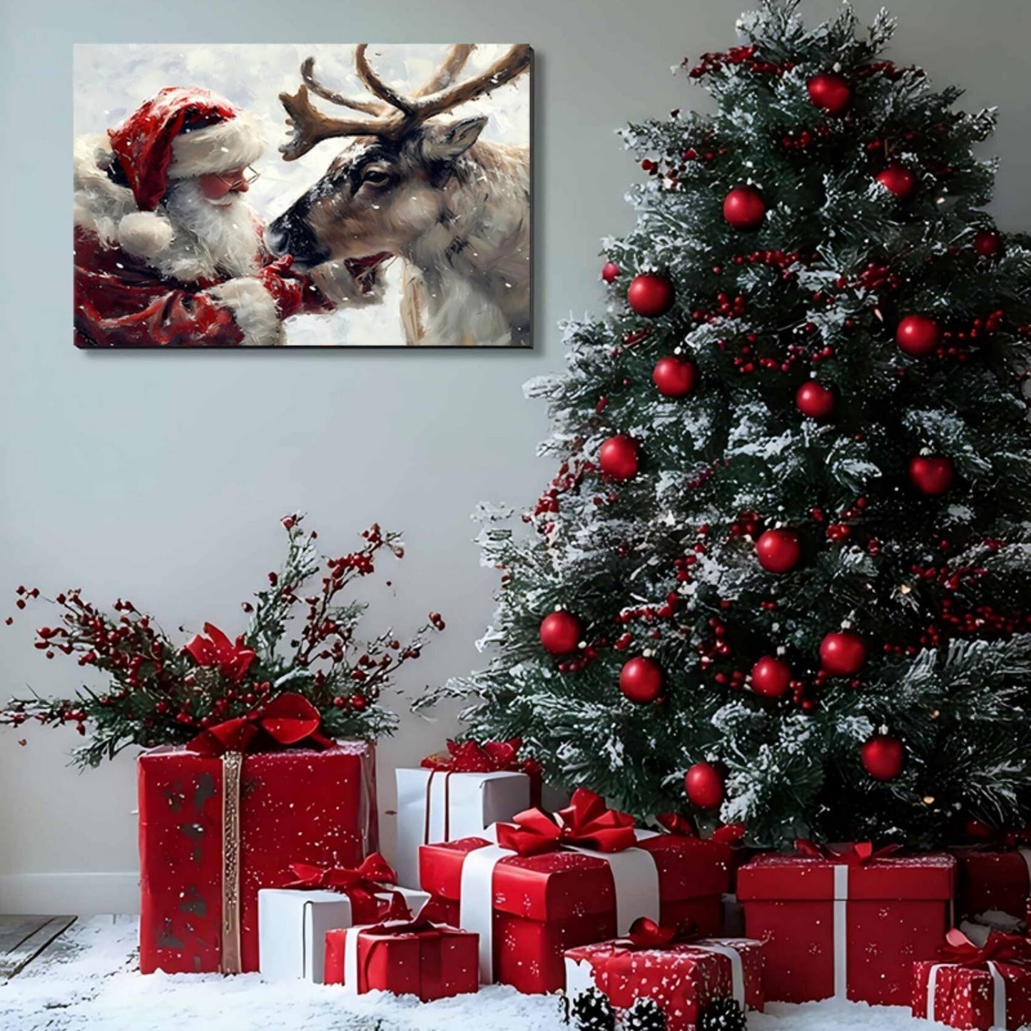 Santa's Reindeer Framed Christmas Canvas Wall Art for Living Room, Winter Pictures Wall Decor Canvas Prints for Bedroom, Santa Christmas Gifts, 8x12 Poster Artwork for Wall Decorations