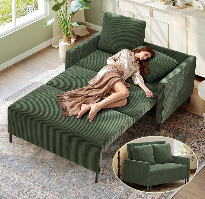 Welzona 47.2" Convertible Sofa Bed Couch, Comfy Corduroy Loveseat Sleeper Sofa