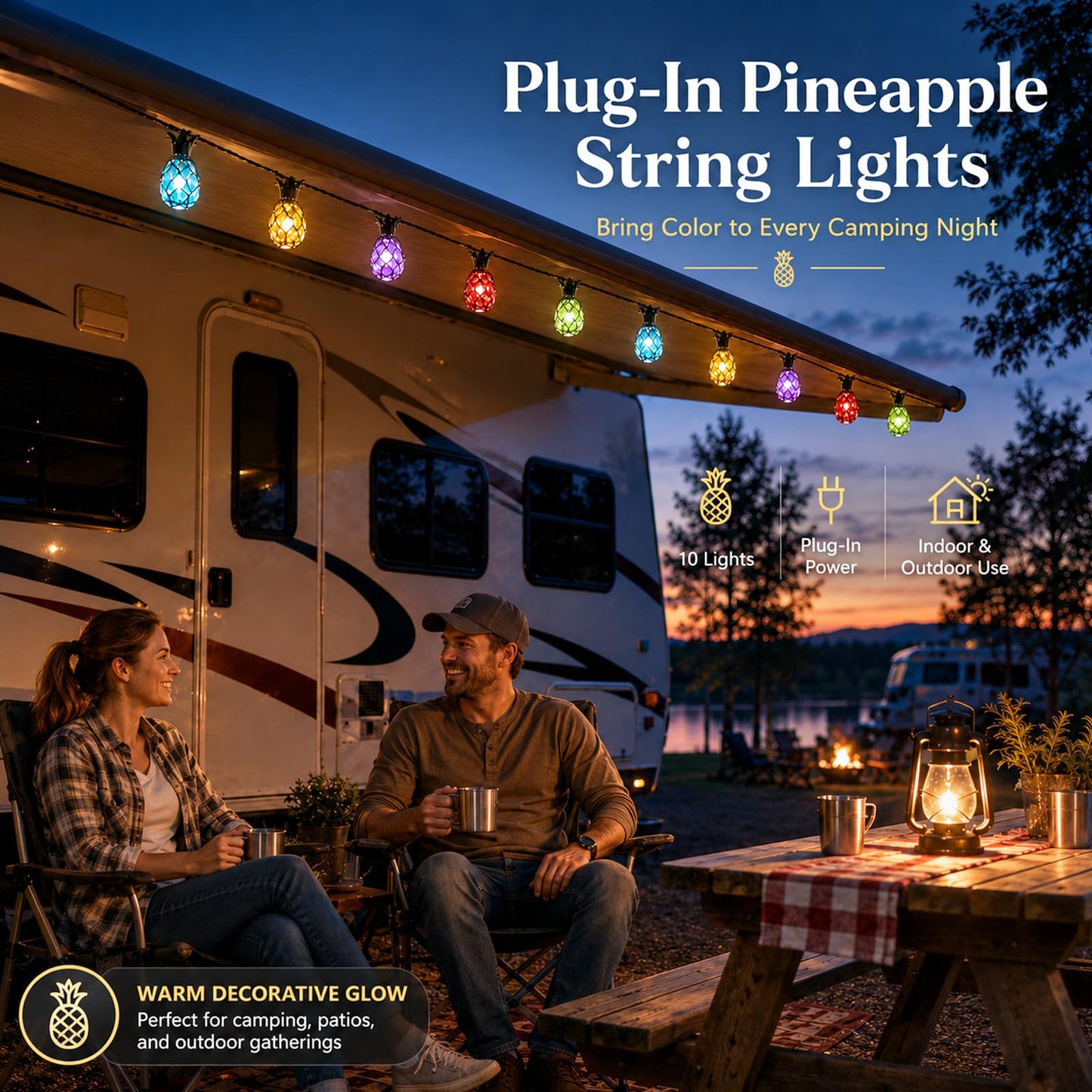 Vigdur Pineapple String Lights - Outdoor Patio Lights Plug in with 10 Pineapple Bulbs Connectable, Indoor String Light for Bedroom Bistro Tiki Decor(10FT