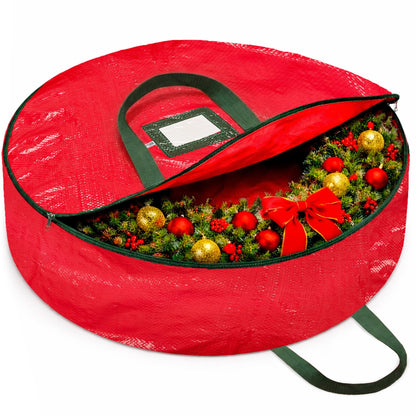 ZOBER Christmas Wreath Storage Container 36 Inch - Wreath Bag for Artificial Wreaths Box - Dual Zippered Wreaths Storage Bag with Strong Durable Handles - Red