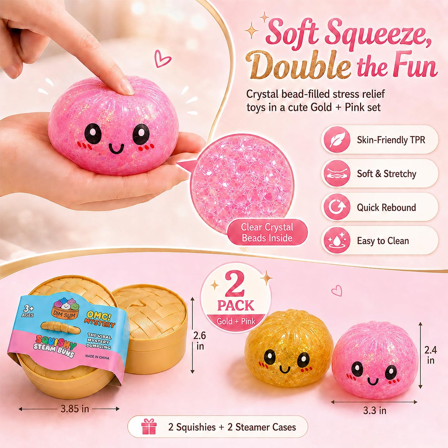 Glitter Dumpling Squishy with Mystery Box, Water Squishy Bead Texture, Colorful Stress Balls Fidget Sensory Toy, Steamer Box, Squeeze Toys for Adults, Gold Glitter, Crystal Clear Look (Gold+Pink)
