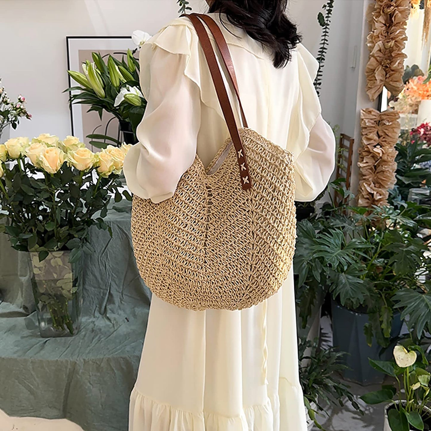 Straw Beach Bag for Women Large Straw Tote Bag with Zipper Summer Woven Bag Travel Straw Shoulder Bags for Vocation