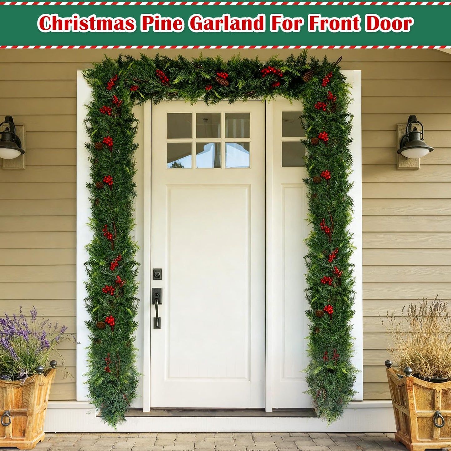 6 FT Christmas Cedar Garland, Real Touch Soft & Thickness Greenery Pine Garland with Lights Battery Operated for Mantle Table Fireplace Outdoor Indoor Christmas Decor