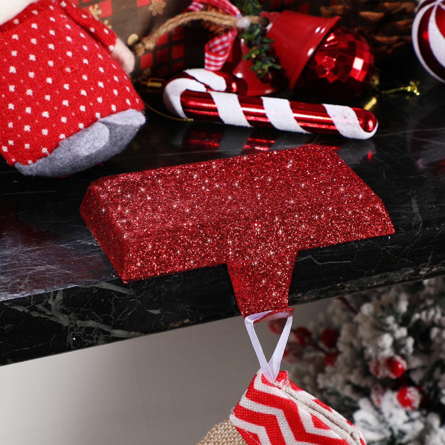 Huwena Metal Christmas Stocking Holders Shiny Mantel Heavy Duty Stocking Hooks Glitter Hanging Hangers Christmas Ornaments for Fireplace Window Mantle Table Decoration(Stylish,Red,4 Pcs)