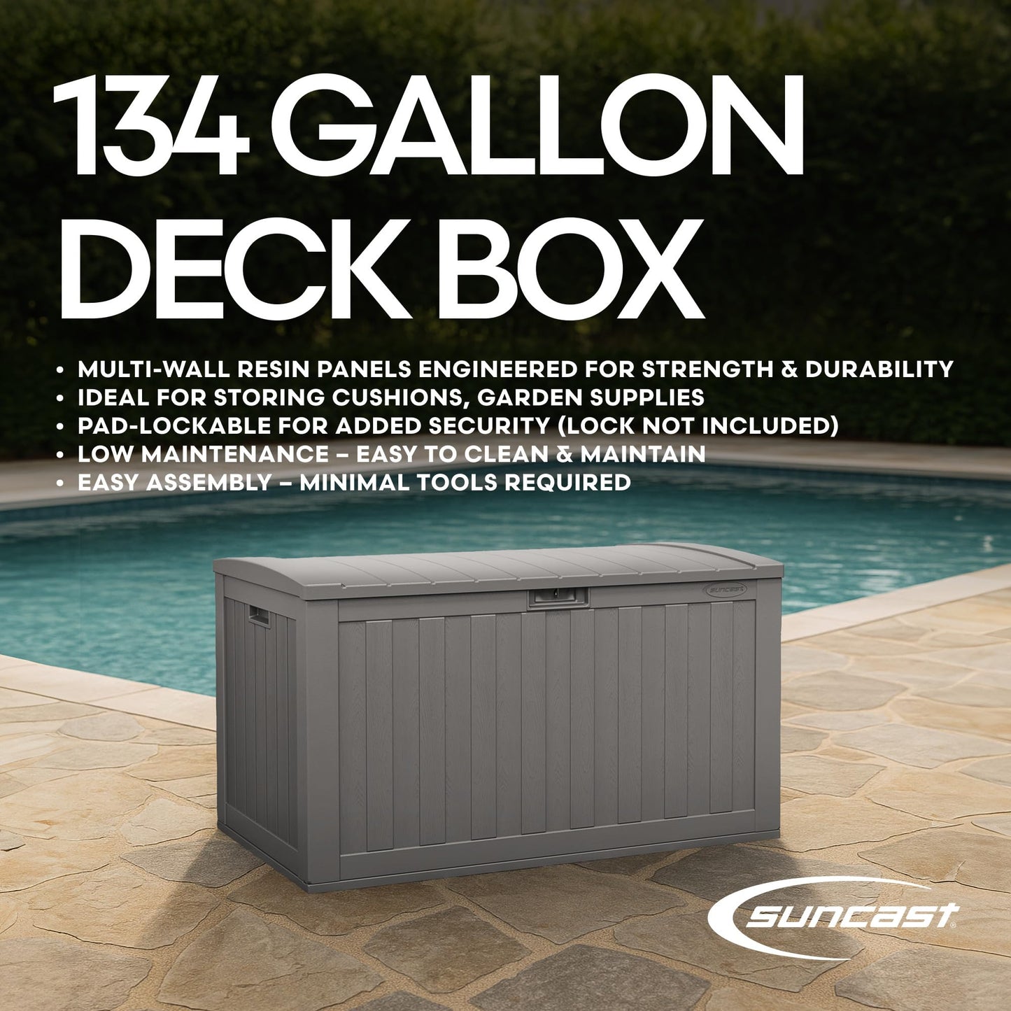 Suncast 134-Gal. Resin Extra-Large Outdoor Patio Deck Box with Pad-Lockable Lid, Modern Outdoor Patio Bench/Storage Box for Cushions, Garden Tools, and More, Dove Gray