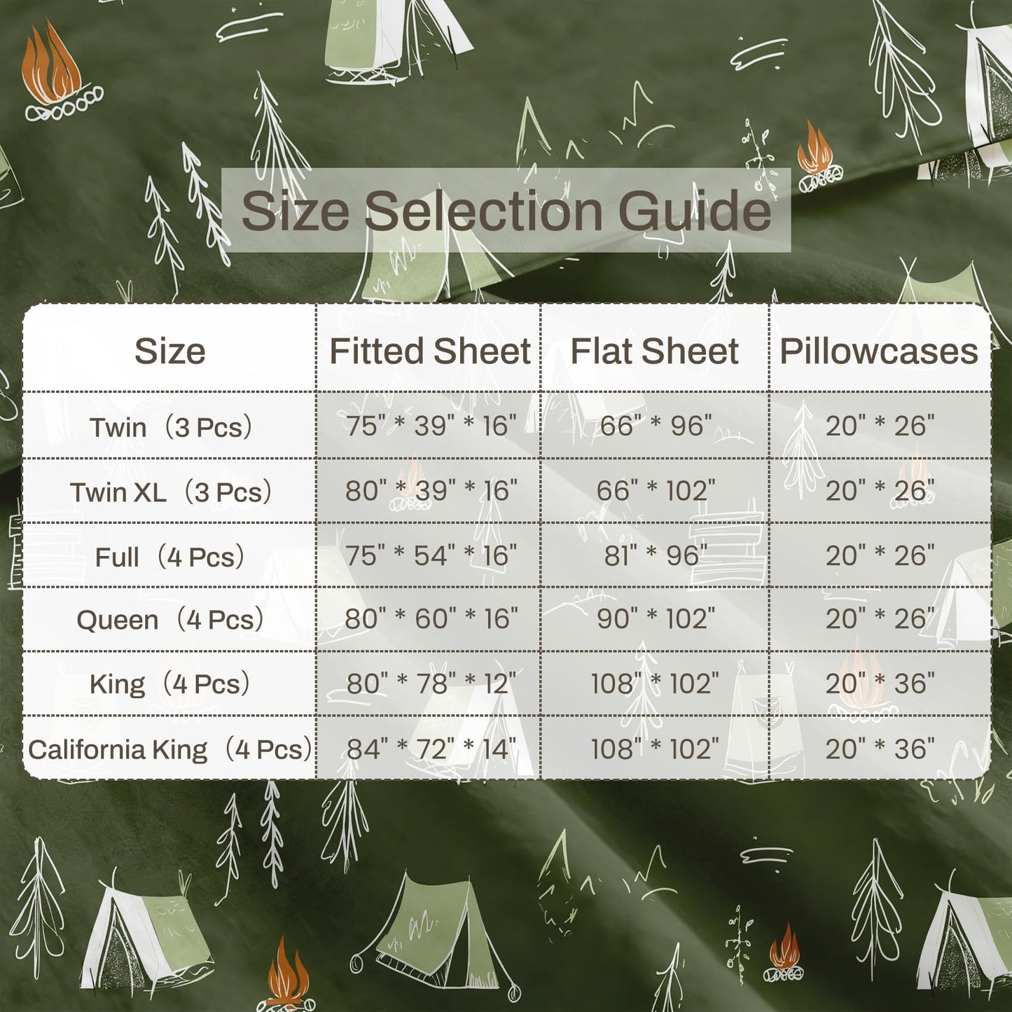 Camping Tent King Sheet Set Kids Flat Fitted Sheet Sets, Green