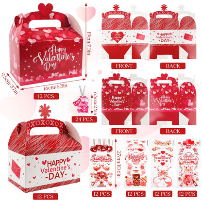 Wlicon Valentine’s Day Gift Treat Boxes, 24 Pcs Valentines Candy Boxes with 48 Pcs Valentine Cellophane Bags Heart Prints Cookies Box with Handles for Romantic Love Wedding Valentine Party Favor Decor