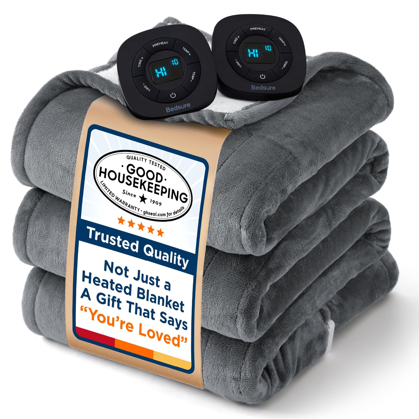 Bedsure Electric Blanket King Size - Dual Control Heated Blanket King Size, Fast Heating with 10 Time Settings & 10 Heat Settings, Warm Gift for Grandma (100x90 inches, Grey)