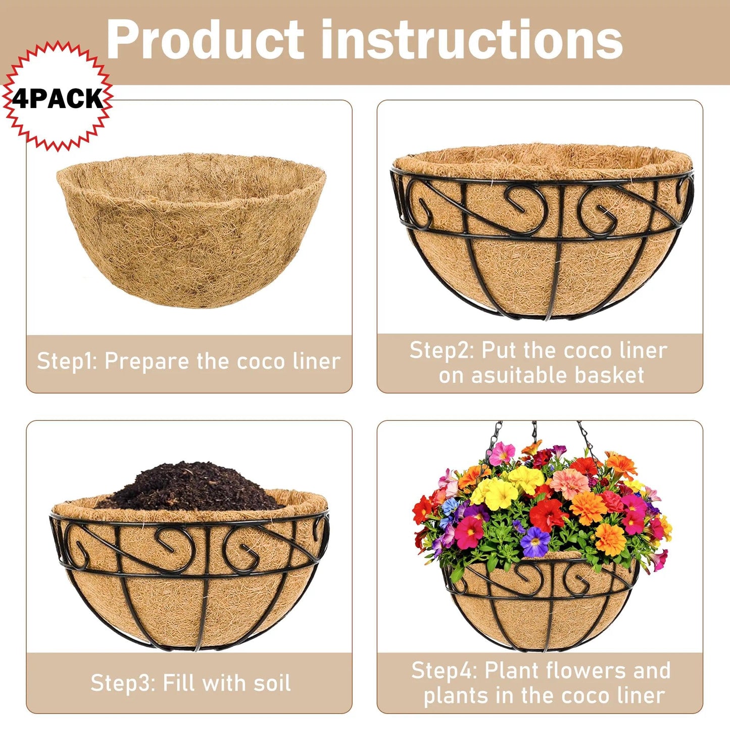 KIDYBELL Metal Hanging Planters Basket Set of 4 Outdoor with Coco Fiber Liners Chain Hanging Basket Suitable for Vegetables Flower Heavy Duty Round Plant Holder Garden Balcony Patio Deck Porch Decor