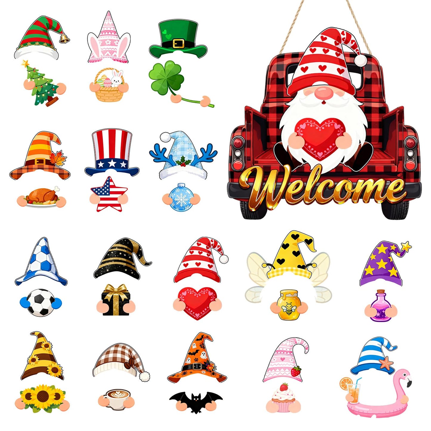Interchangeable Wooden Gnome Decorations, Christmas Hanging Door Wall Decor, Changeable Holiday Seasonal Decor and Detachable Hats Welcome Sign, Gnomes Gifts for All Seasons, 32 PCS