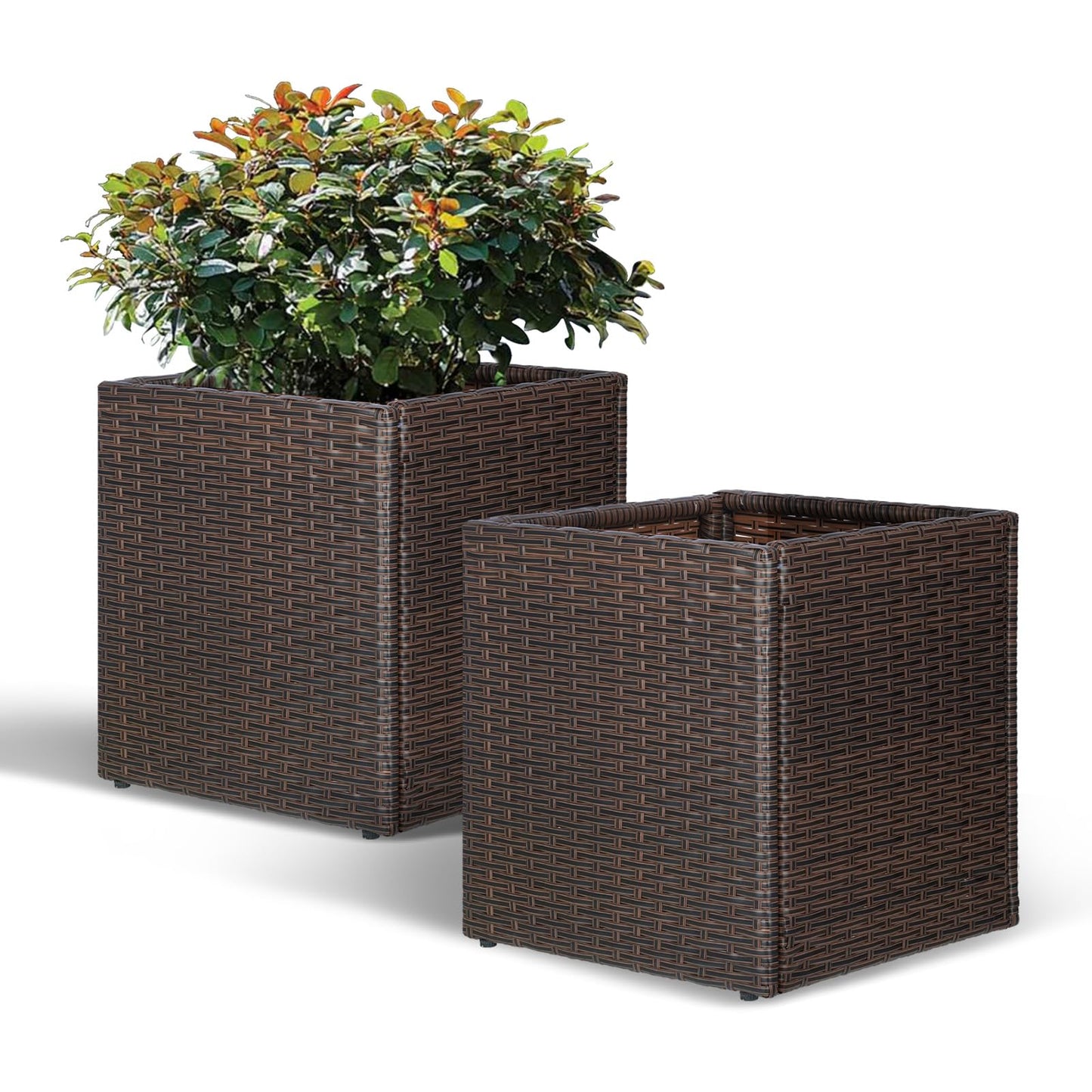 SUNNYPARK Set of 2 Large Square Planter with Removable Liner, All-Weather PE Rattan Modern Planters Indoor Outdoor Flower Plant Pots Garden Box Patio Yard Front Porch Deck