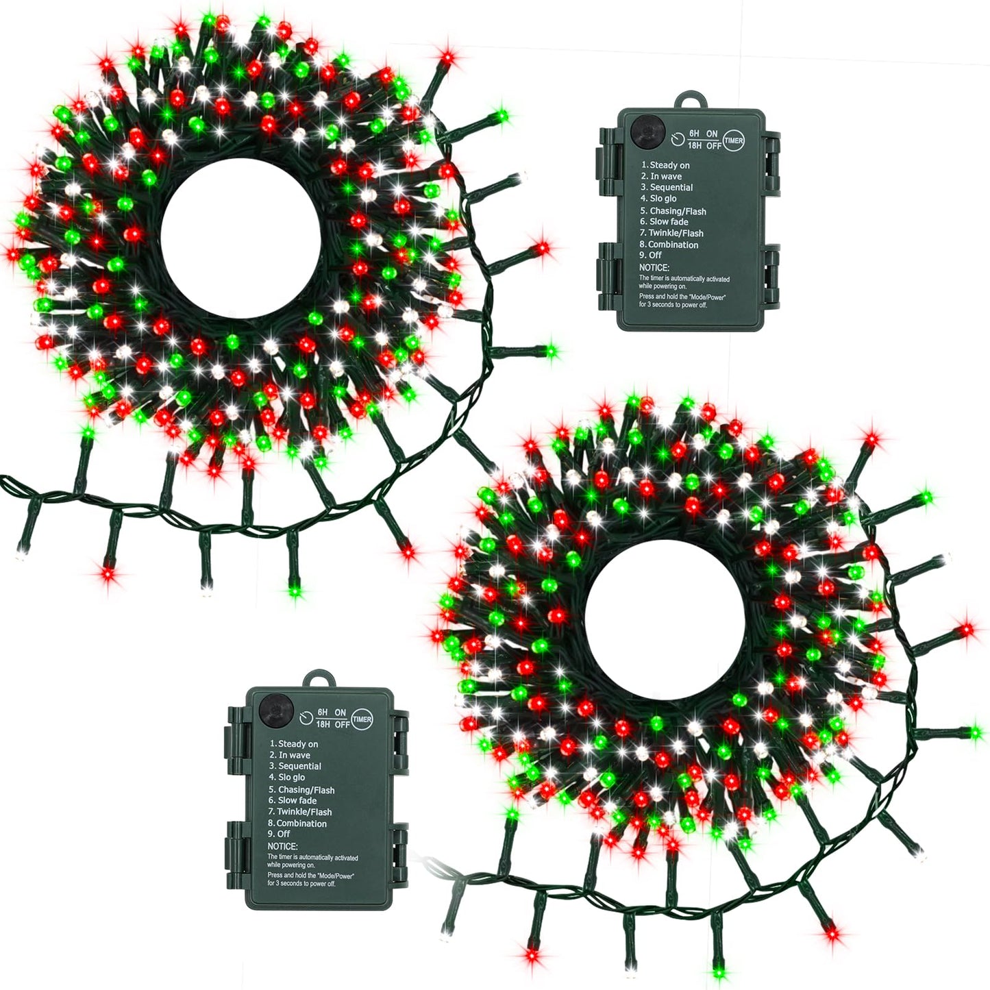 BSGlobal 2 Pack Christmas Lights Red White Green, Total 20Ft 400 LED String Lights with Timer 8 Modes Cluster Firecracker Light for Tree Room Garden Outdoor Decor