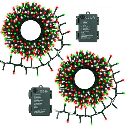 BSGlobal 2 Pack Christmas Lights Red White Green, Total 20Ft 400 LED String Lights with Timer 8 Modes Cluster Firecracker Light for Tree Room Garden Outdoor Decor