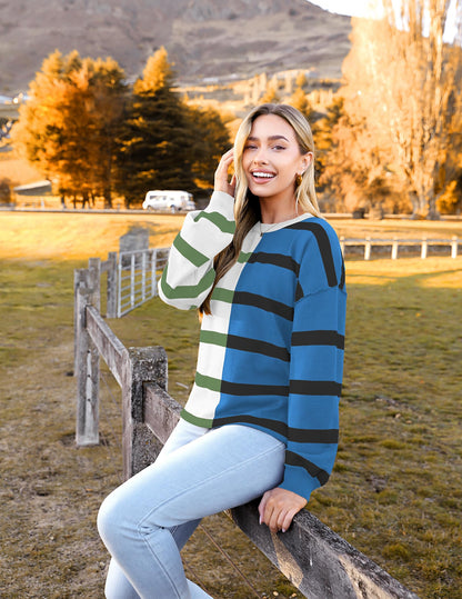 Zeagoo Womens Striped Oversized Sweater 2025 Crew Neck Long Sleeve Knitted Color Block Casual Loose Pullover Top