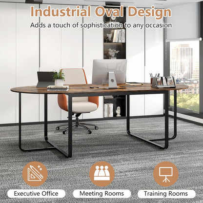 Nightcore 8 FT Oval Conference Table, 95" x 48" x 30" Large Meeting Table with Cable Holes and Strong Metal Frame for Office, Business Style Training Table for 12 People, Rustic Brown & Black