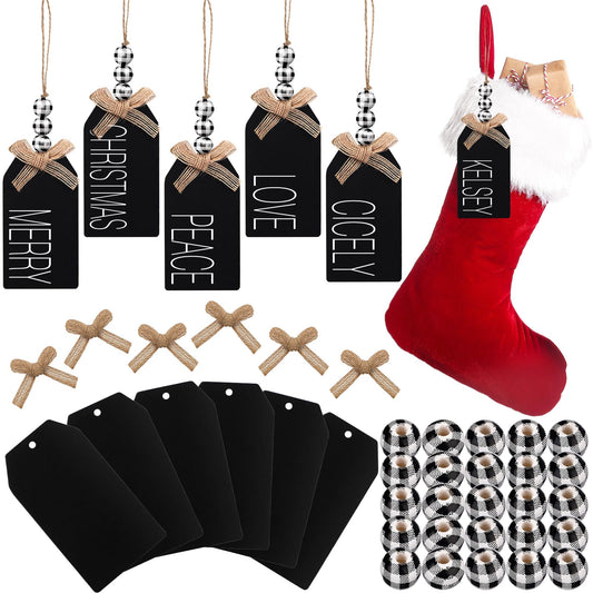 Junkin 12 Set Christmas Stocking Name Tags Farmhouse Christmas Ornaments Hanging DIY Unfinished Personalized Blank Bead Wooden Xmas Gift Tags for Christmas Decorations(4.5 x 2.6'',Black and White)