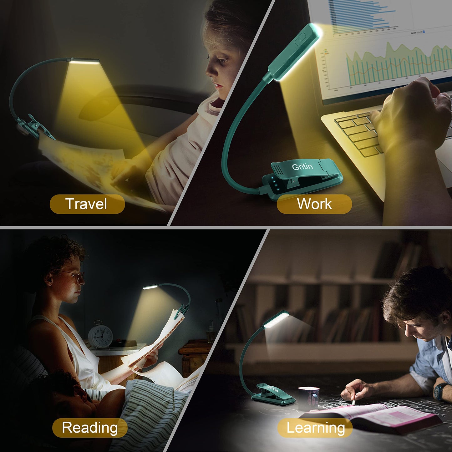 Gritin 9 LED Rechargeable Book Light for Reading in Bed - Eye Caring 3 Color Temperatures,Stepless Dimming Brightness,80 Hrs Runtime Small Lightweight Clip On Book Reading Light for Studying
