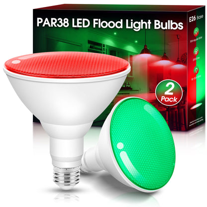 Fulighture Red and Green Light Bulbs 【2 Pack】, Par38 LED Red Green Flood Light Bulbs Outdoor for Christmas Decor 15W E26, Christmas Light Bulb Porch Home Lighting, Non-Dimmable