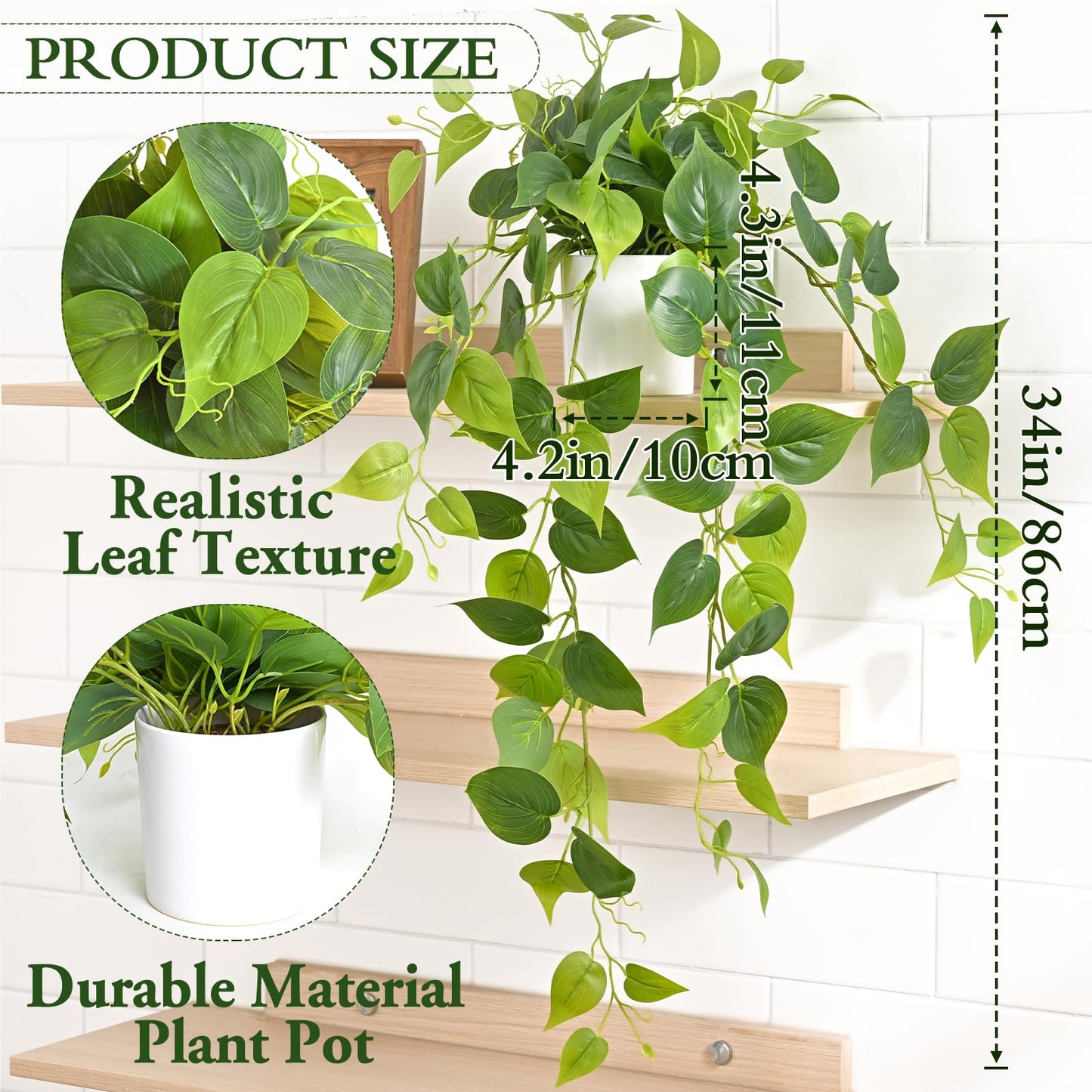 Waipfaru Artificial Plants Indoor, 2Pcs 34" Realistic Fake Pothos Hanging Plants Silk Vines Ivy Potted, Fake Pothos for Living Room Office Bedroom Bathroom Kitchen Shelves Indoor Home Decor