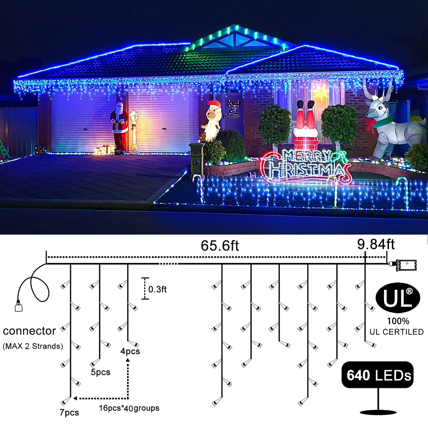 Einiiya Christmas Icicle Lights Outdoor 66 FT 640 LED Icicle Lights Plug in Conenectable Hanging Christmas Light for Outside Holiday Pavilion Balcony House Decorations, Blue