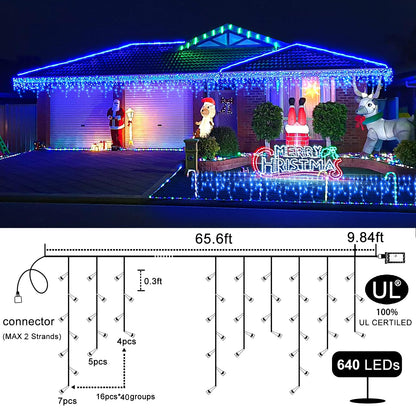 Einiiya Christmas Icicle Lights Outdoor 66 FT 640 LED Icicle Lights Plug in Conenectable Hanging Christmas Light for Outside Holiday Pavilion Balcony House Decorations, Blue