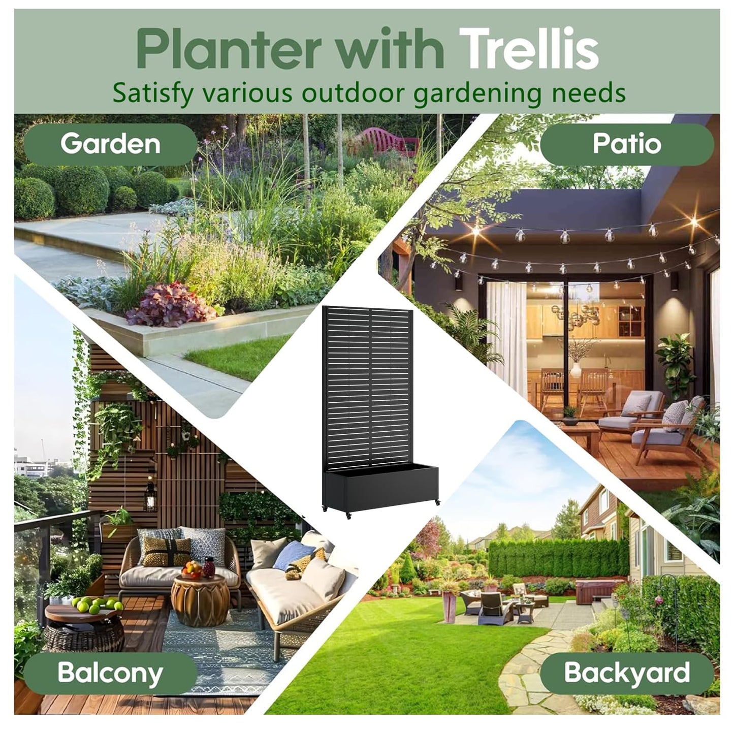 Roockky Metal Planter Box with Trellis, Outdoor Raised Garden Bed with Trellis & Wheels, 73"x35"x16" Planter Box Trellis with Drainage Holes & Privacy Screen for Climbing Plants, Vegetables, Black-3
