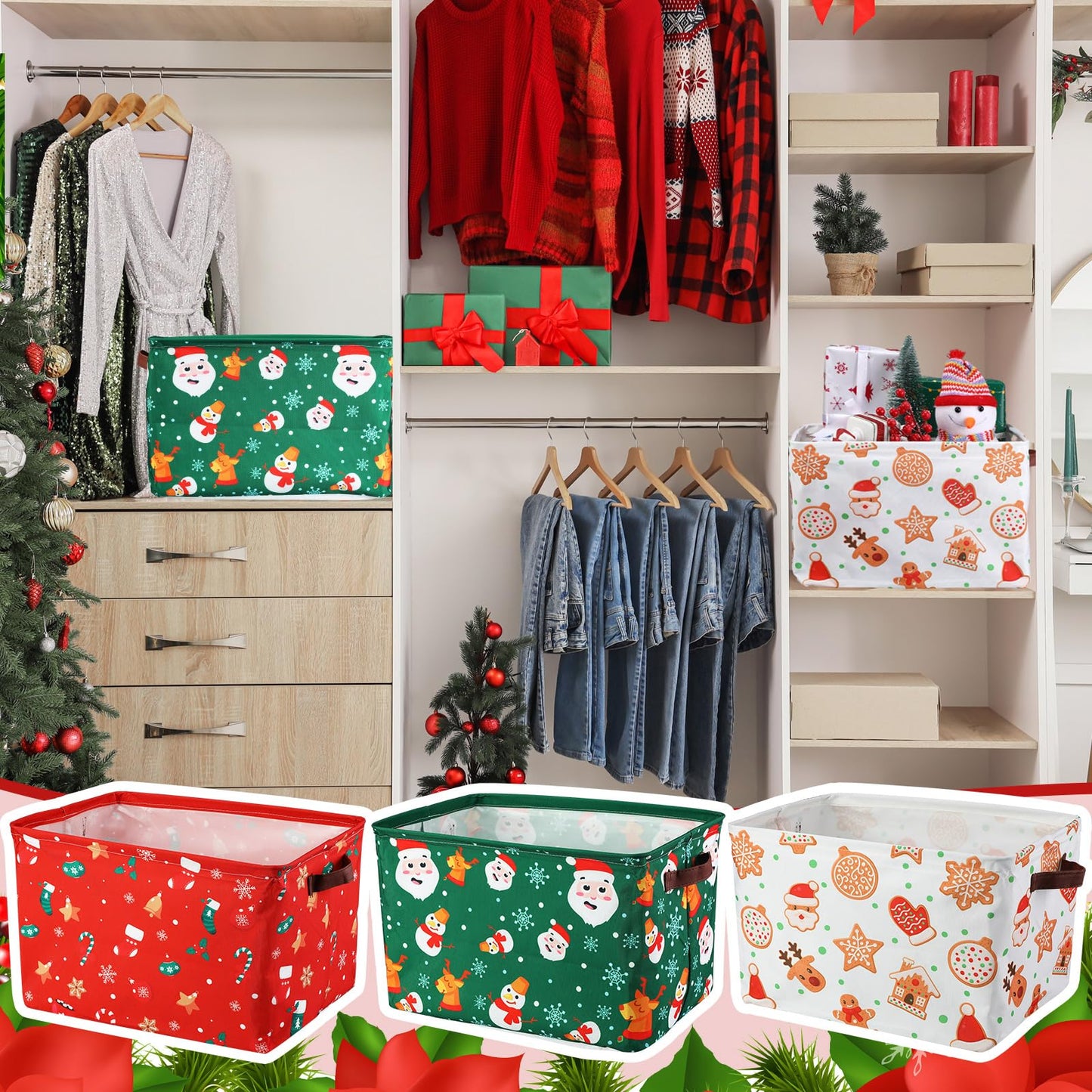 Geelin 3 Pcs Large Christmas Baskets 15 x 11 x 9.5 Inch Empty Xmas Storage Bin with Handles Collapsible Waterproof Extra Big Foldable Gift Basket for Office Home Bedroom Cloth Toy Gift(Vintage)