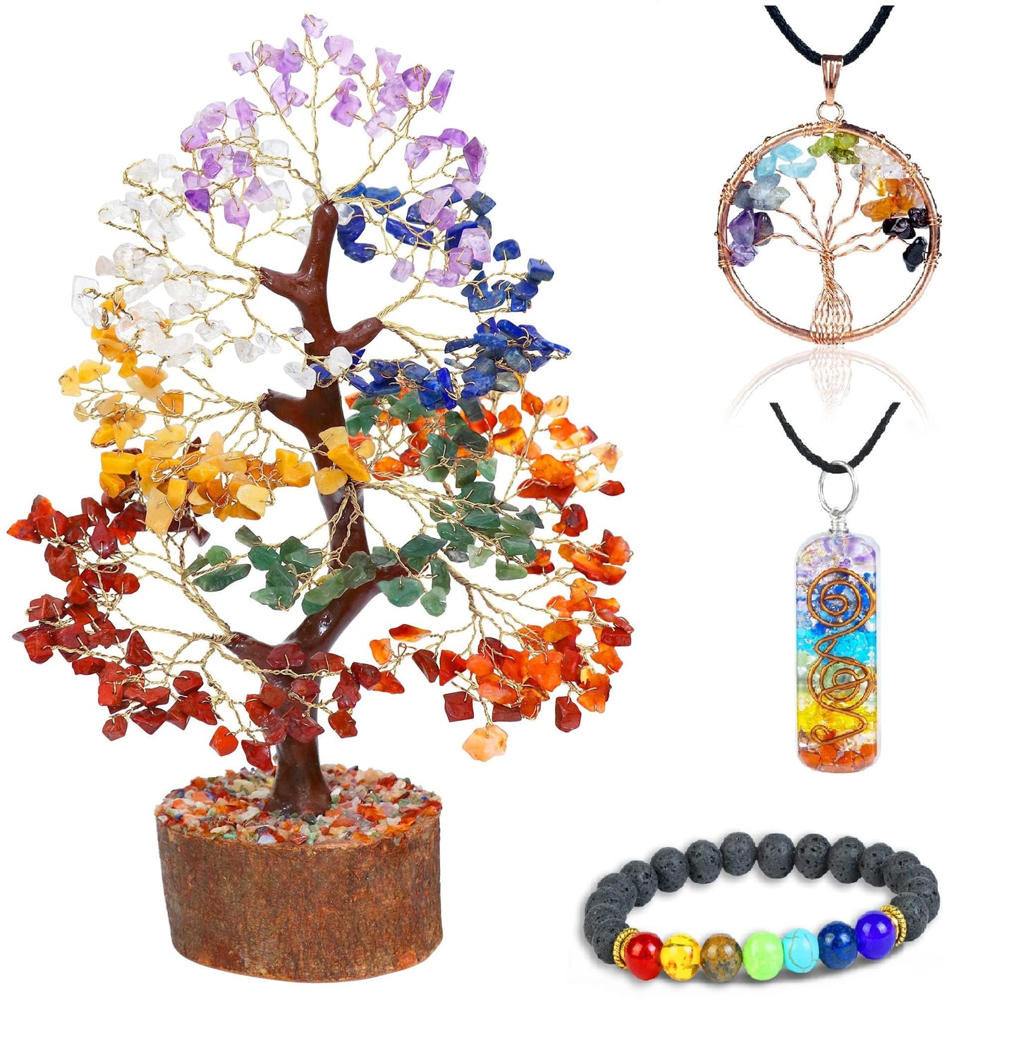 Crocon® Seven Chakra Crystal Tree of Life with Bracelet & 2 Pendants, Feng Shui Bonsai Decor Healing Crystals Spiritual Gifts for Cute Home Room & Desk Decor, Gifts for Women, Mom, Friend Her & Sister